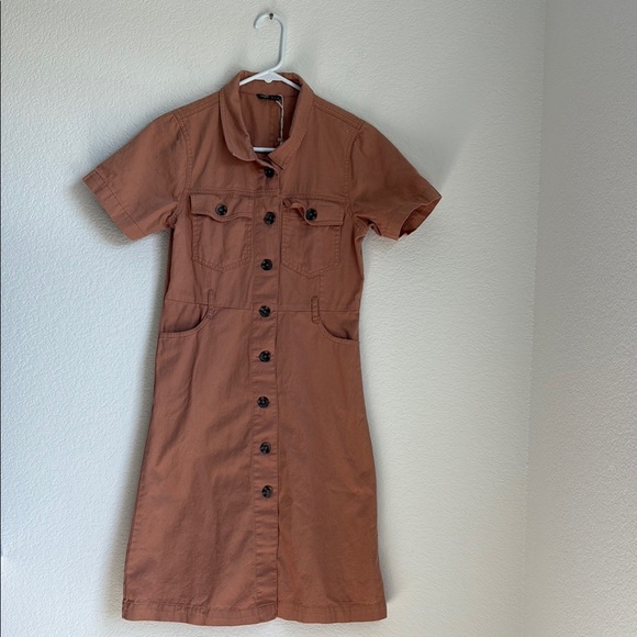 DNM splash Dresses & Skirts - Brown Mini Dress with Mandarin Collar and Short Sleeves